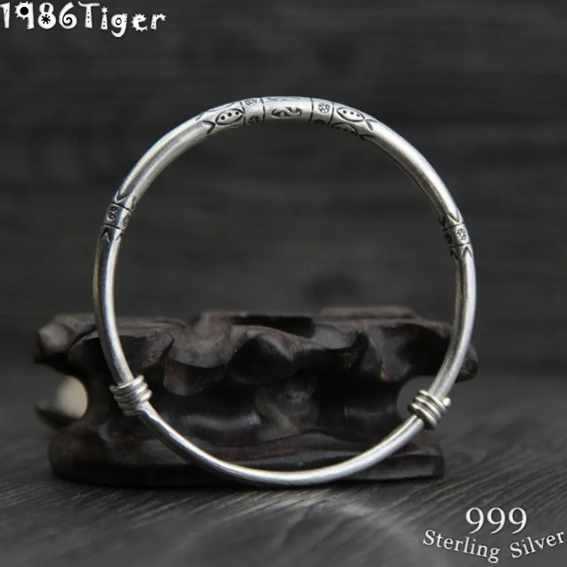 

999 Thai Silver fish cave charm bangle for woman adjusted retro pure silver bangle cartoon unique bracelet jewelry gift