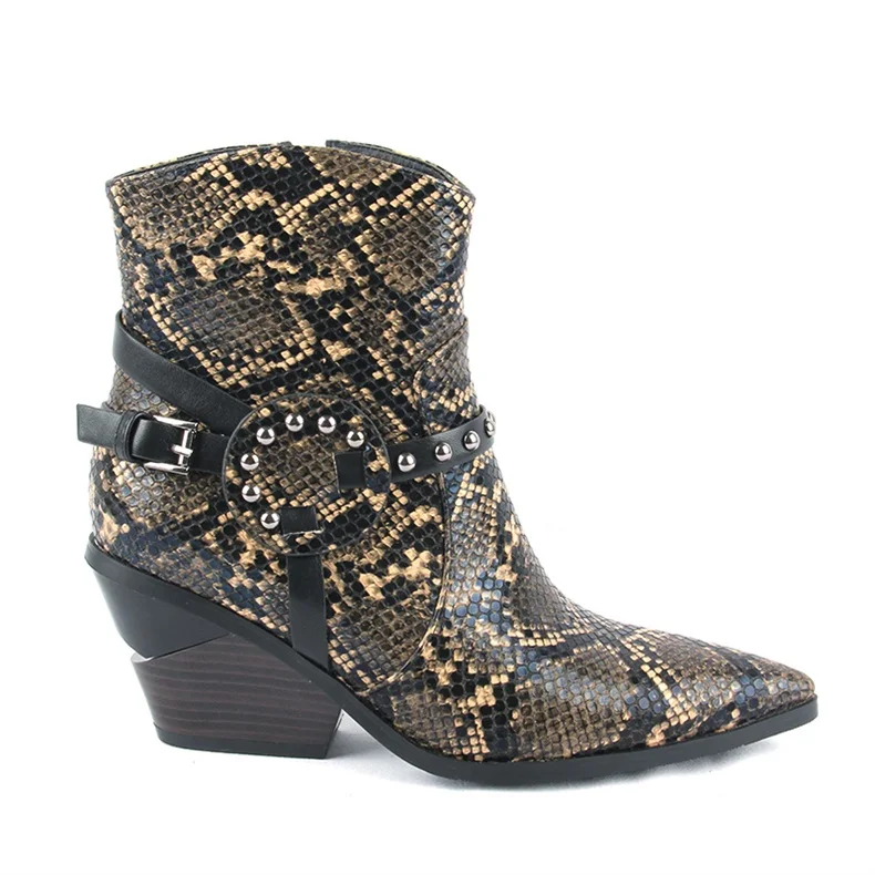 OIAH/ботильоны из змеиной кожи; женские ботинки на танкетке с острым носком и заклепками; женские модные ковбойские ботинки; обувь на молнии; женская обувь; botines mujer - Цвет: Snake skin