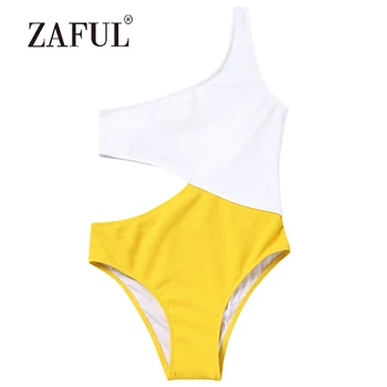 

ZAFUL Women Swimsuit Ribbed Two Tone One Shoulder Swimsuit One Piece Patchwork Swimwear Sexy Padded White & Yellow Swimming Suit