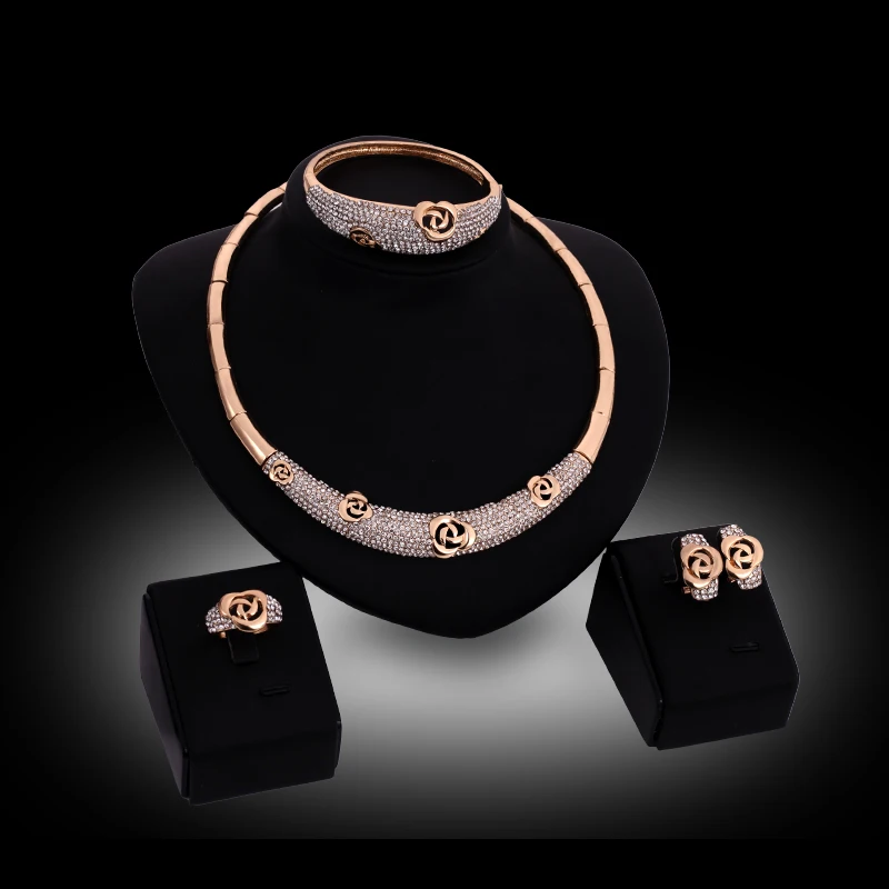 Fashion Wedding Jewelry Set Gold Color Full Rhinestone Necklace Bangle Ring Earrings Party Set Fashion Wedding Jewelry Set Gold Color Full Rhinestone Necklace Bangle Ring Earrings Party Set