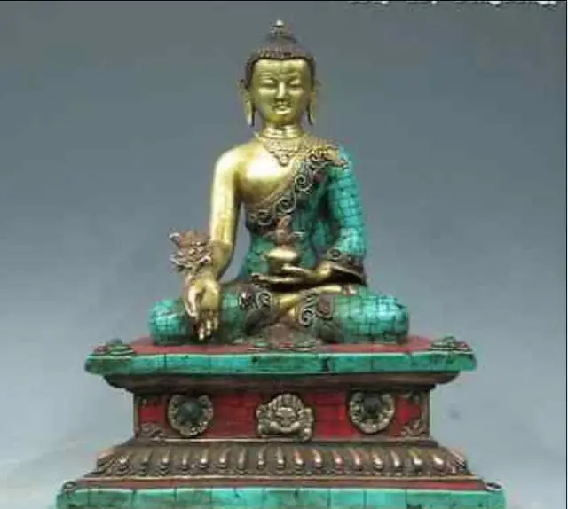 

28cm*/ Elaborate Chinese Tibet Copper artificial turquoise Sakyamuni Buddha Statue