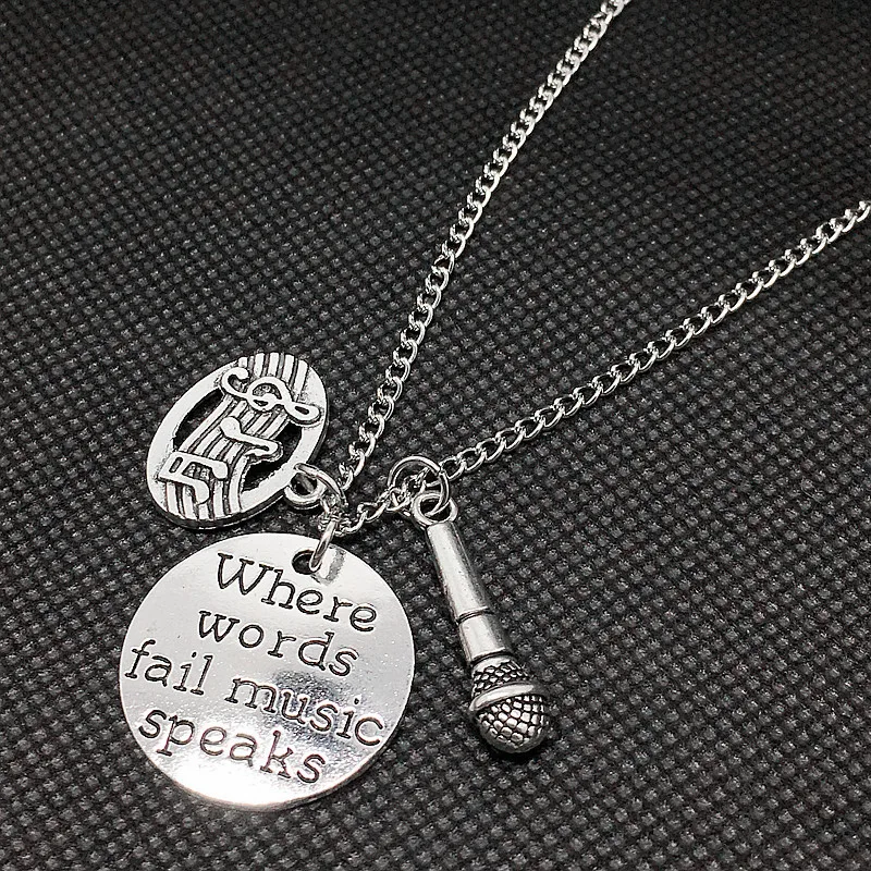

Where Words Fail Music Speaks Necklace Singer Microphone Charm Pendant art Professional Ladies Holiday Gift Fashion Jewelry