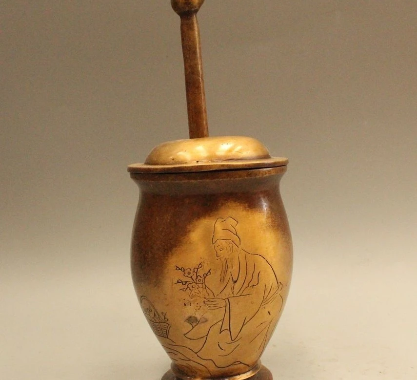 

9"China Dynasty Bronze Fine Workmanship Li Shizhen Word Medicine Pounding Tank
