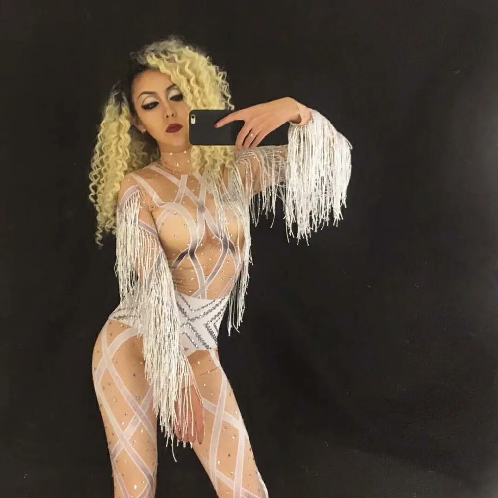 

Custom White Tassel Sexy Sparkling Crystals Jumpsuit Bling Women Costume Nightclub Birthday Party Performance Stage Wear Costume