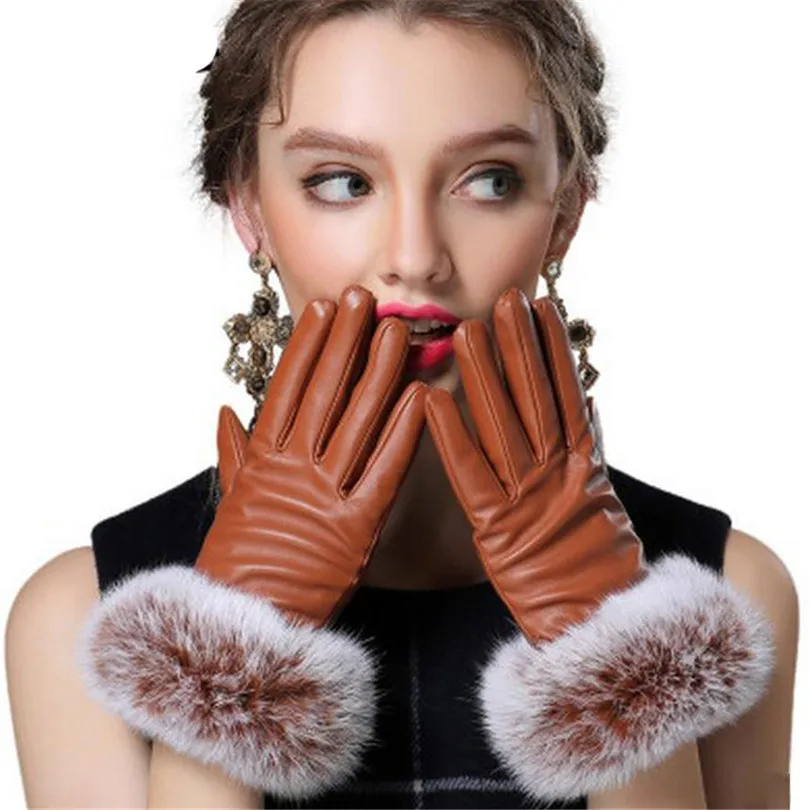 Autumn Full Palm Touched Gloves Women Genuine Gloves Rabbit Fur Leather Warm Black Mitten Winter