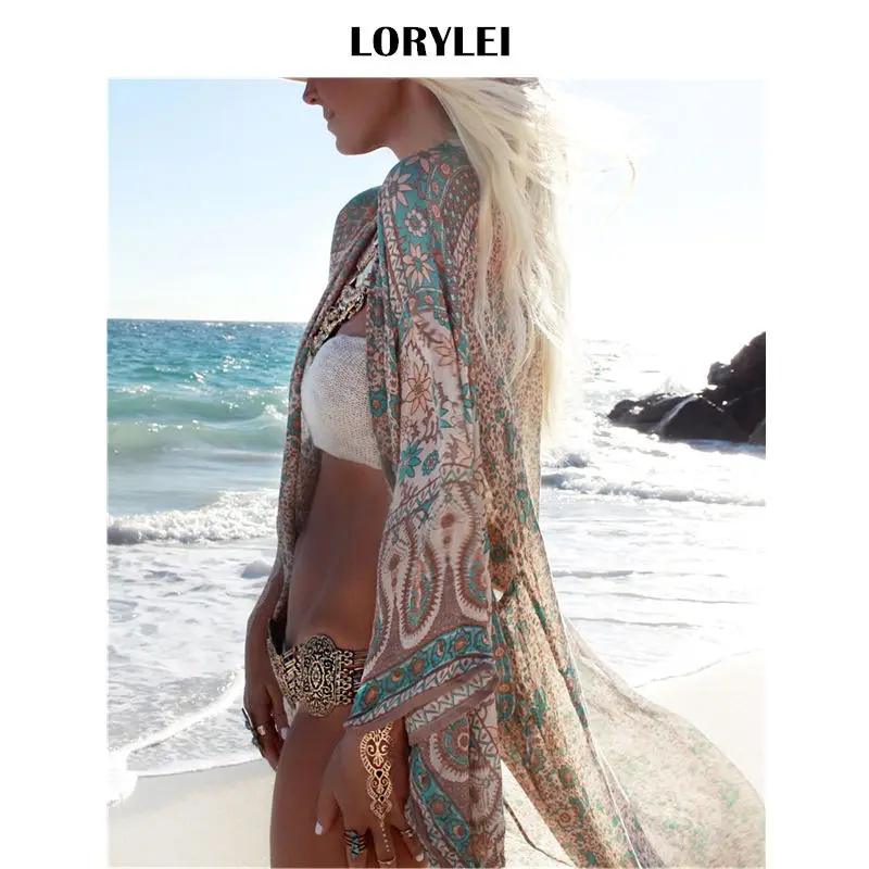 Bohemian Printed Ankle Length Beach Cover Up Plus Size Women Summer Beachwear Chiffon Bathing Suit Coverup Kimono Cardigan N23