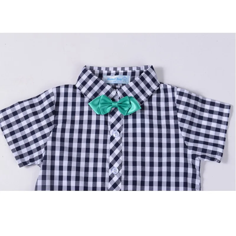Conjunto de Roupas Superior + Calças Conjuntos do Bebê Humor Urso Verão Mais Novo Design Bebê Meninos Xadrez Camisa Curtas Terno 4 meninos conjunto de roupas xadrez camisa superior