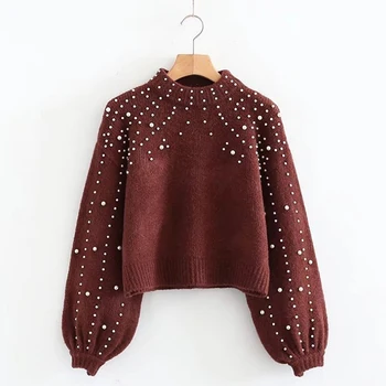 

Newset Winter Sweater Women Turtleneck Sweaters Pearl Beading Fashion Hot Sale Lantern Sleeve Women Jumper Knitted Pullovers