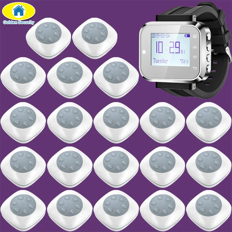 

Golden Security FSK Transmit Wireless Pager Restaurant Waiter Calling System 20 Pager Button+1 Watch Receiver