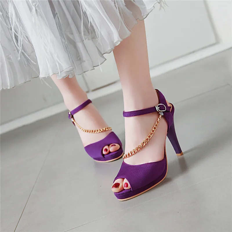 

YMECHIC Peep Toe Shoes Woman Sandals Chain Cross Flock Sexy High Heels Purple Black Gray Summer Woman Sandal Party Plus Size