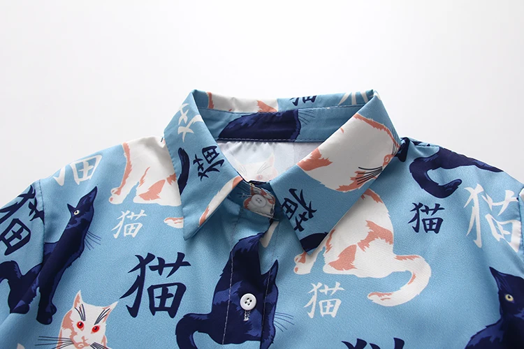 Новое поступление Для женщин с рисунком мультяшного кота и китайские слова сделаный принт с длинным рукавом синяя рубашка с отложным воротником, шифоновая блузка с воротником шикарный сексуальный топ T97508F