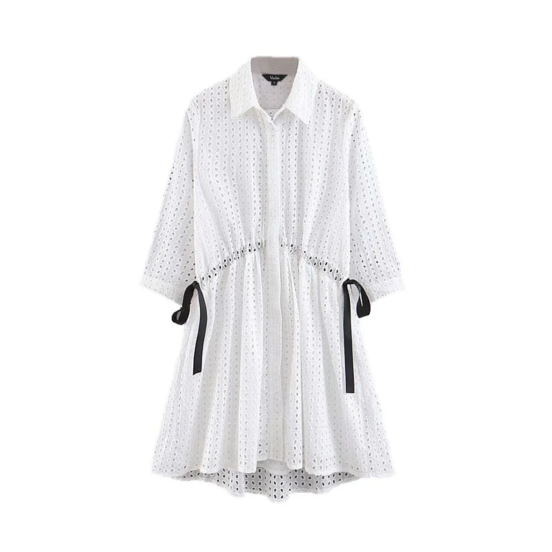 

elegant embroidery hollow out mini shirt dress bow tie long sleeve dresses female chic A line dresses