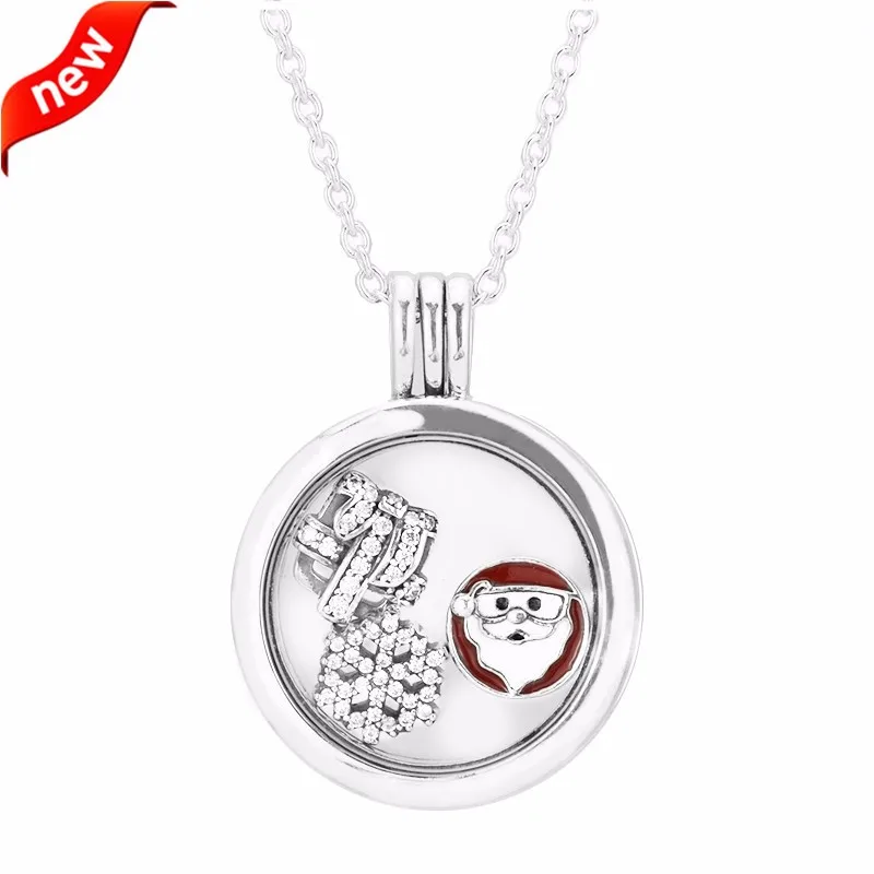 

CKK Necklaces 925 Sterling Silver Medium Floating Locket Pendant and Necklace with Christmas Wonder Petites Charm Europe Jewelry