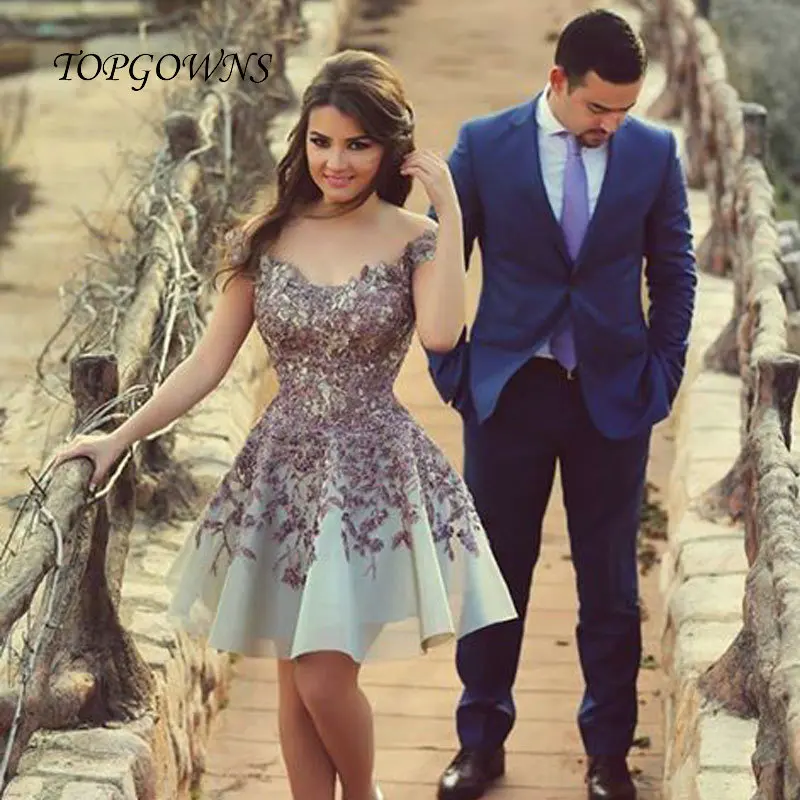 2015 corto De Fiesta Vestidos vaporosos o cuello De la manga casquillo Mini longitud apliques vestido De Fiesta Vestidos De Fiesta|dress for up princess dressdress clothes for teens - AliExpress