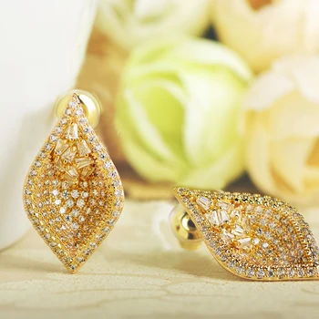 

DAZZ Classic Gold Color Geometric Rhombic Earrings Shiny Zircon Copper Jewelry African Bride Nigerian Women Ear Accessories 2019