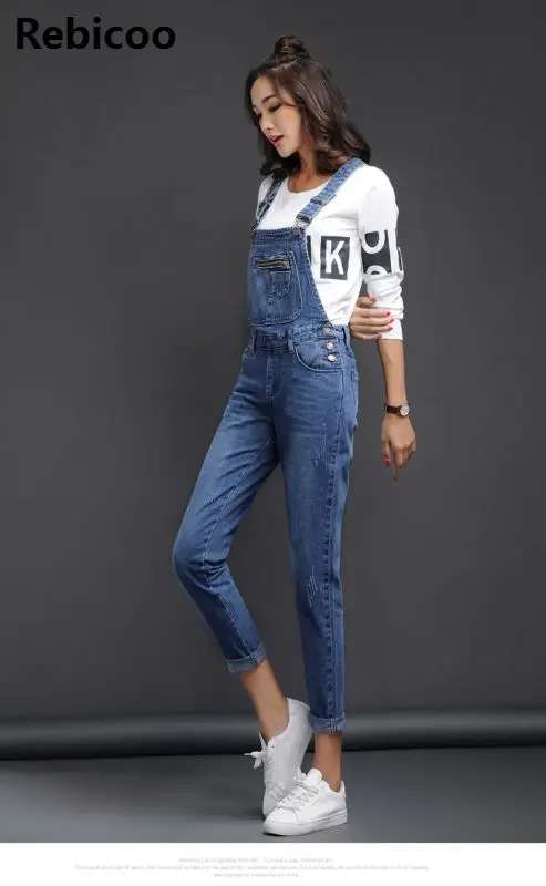 Women Baggy Denim Jeans Bib Full Length Pinafore Overall bodysuits Jumpsuit Pants Hole Wavy Edge Jumpsuit Fashionable