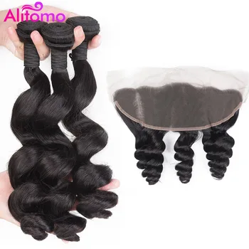 

Alitomo Human Hair Bundles With Frontal Closure 13x4 Pre Plucked Loose Wave Malaysian Hair Weave Bundles Remy Hair Extension