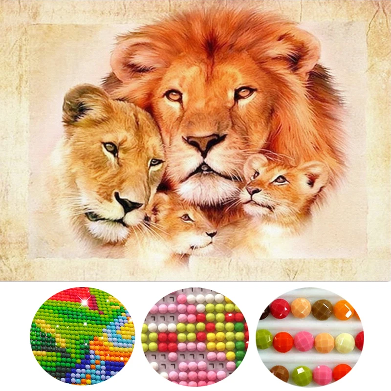 5D Diy diamond painting Four lions Round Diamond mosaic Painting