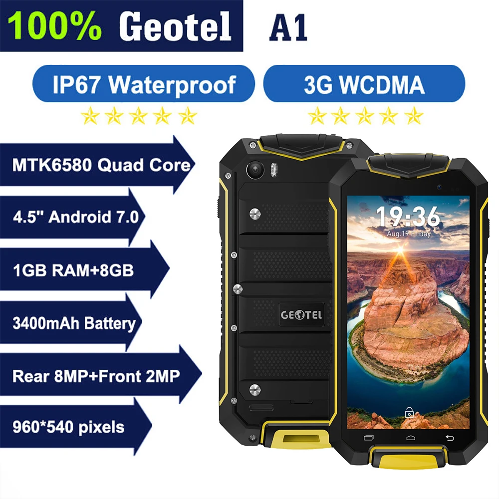 

Original GEOTEL A1 IP67 Waterproof Shockproof Smartphone 4.5 inch Android 7.0 MTK6580 8GB ROM 1GB RAM 8MP Camera 3G Mobile phone