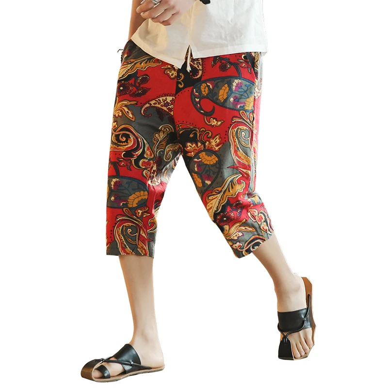 

Men's fashion loose cropped trousers summer new cotton linen pants Japanese style flower pattern printing