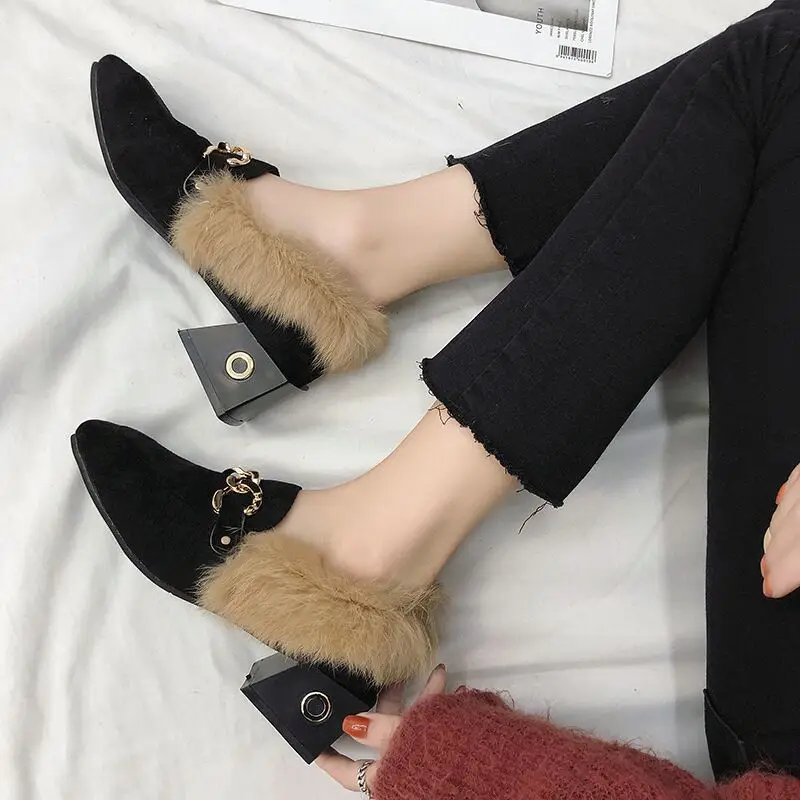 

Pumps shoes Women high Heels Square Toe Square Heel shoes Slip-On fur Chain High Heels Single Shoe Female