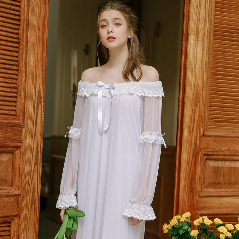 

Summer Retro Court Nightgown Princess Long Sleeve Length Women Sleepwear Yarn Sleeping Dress Solid Night Dress Lace Night Gown