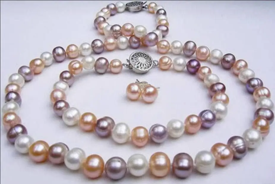 

shipping natural 8-9mm mixed-colour pearl Necklaces Bracelets Earrings sets ZRW27 new
