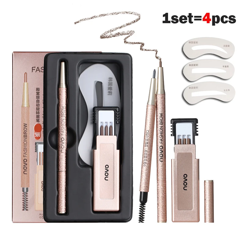 

1PC Professional Eye Brow Makeup Kit with Refill Easy to Wear Pigment Brown Gray Waterproof Eyebrow Pencils with Stencils