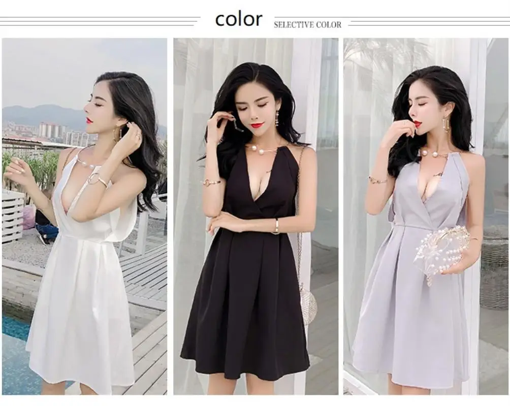 Halter Backless Sexy Women Dress Elegant Pearl Chain V Neck Sleeveless Evening Party Club Summer Dress Vestidos Female