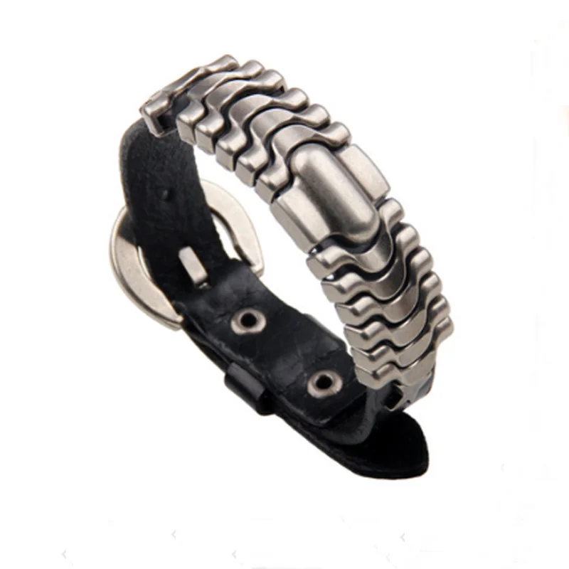 

Trendy Black Punk Style Genuine Leather Bracelet for Men Steel Buckle Bangle Birthday Gift Male Bracelets Jewelry
