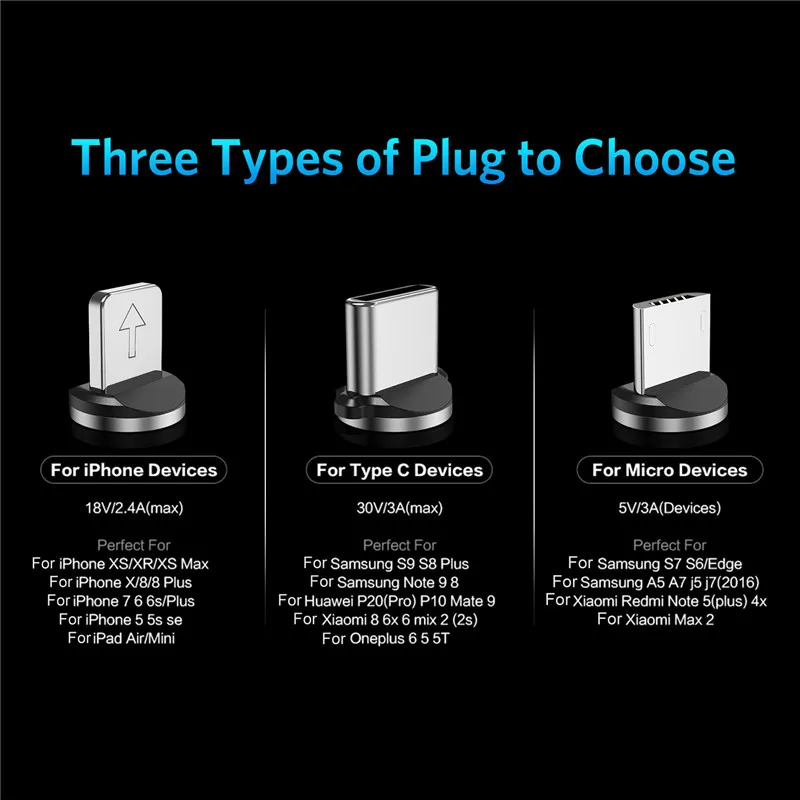 Магнитный USB кабель USLION 3A для быстрой зарядки микро Type C со светодиодной