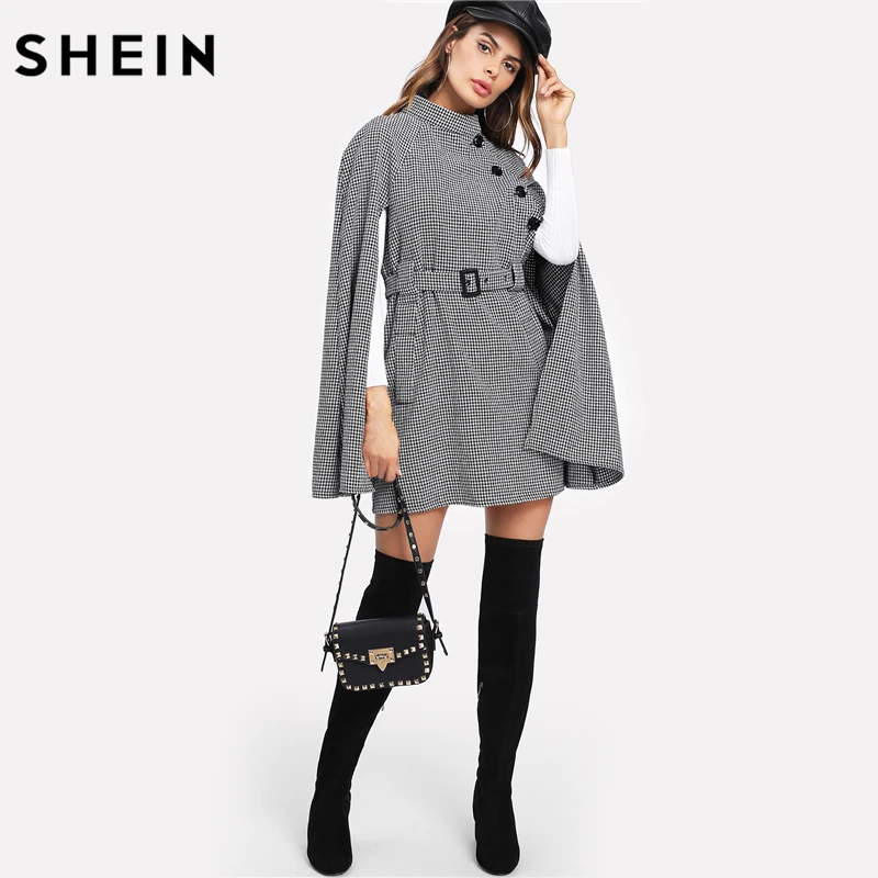SHEIN Многоцветное Элегантное Модное Клетчатое Пончо С Поясом Винтажное Длинное