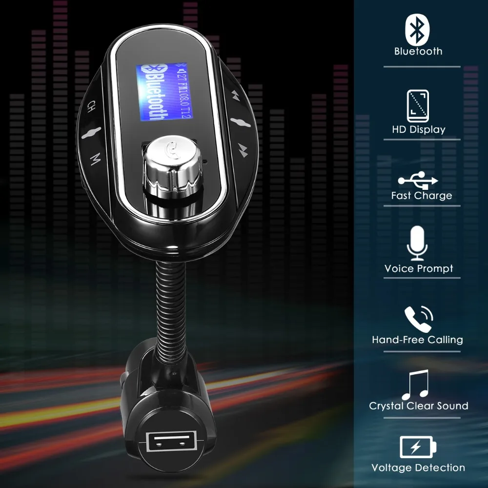 VicTsing Bluetooth FM Transmitter Wireless In-Car Radio Adapter Hands-free Car Kit with TF U-Disk Port AUX Input USB Car Charger (3)