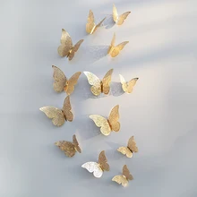 12 unids/set 3D pegatinas de pared mariposa papel hueco 3 tamaños oro plateado para nevera pegatinas fiesta en casa decoración de la boda envío gratis