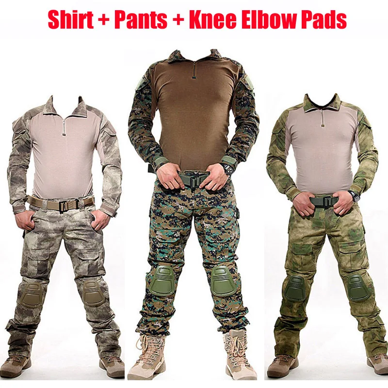 

Tactical Camouflage Suits Hunting Clothes Army Military Uniform Shirt & Pants & Knee Elbow Pads Outdoor Sniper Cambat Frog Sets