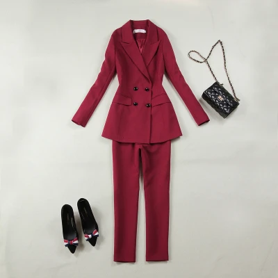 Large size women's spring new black self-cultivation double-breasted long suit +9 points straight trousers suit Two pieces/ set Large size women's spring new black self-cultivation double-breasted long suit +9 points straight trousers suit Two pieces/ set