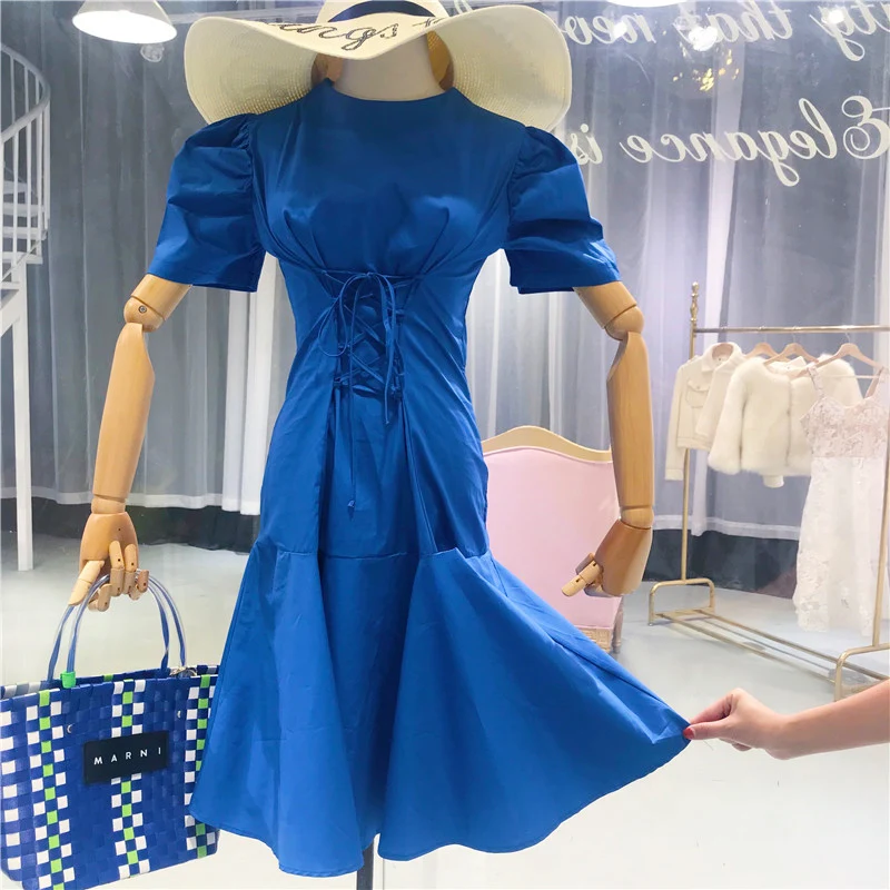 

Amolapha Women Solid Lace Up Casual A Line Dresses Vestidos Soild Cotton Dress