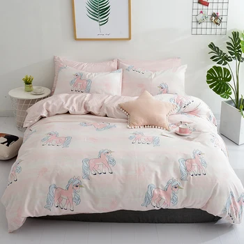 

4Pcs white pink 100% Cotton Bedding set soft Bed sheet set King Queen single size Unicorn Duvet cover Bedding sets Pillowcase