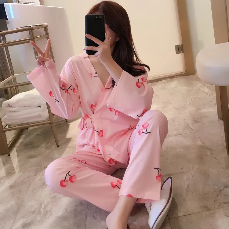 2019 осень-зима принт Пижама-кимоно для Для женщин длинный рукав пижама ночное белье домашняя пижама Mujer Домашняя одежда домашняя одежда
