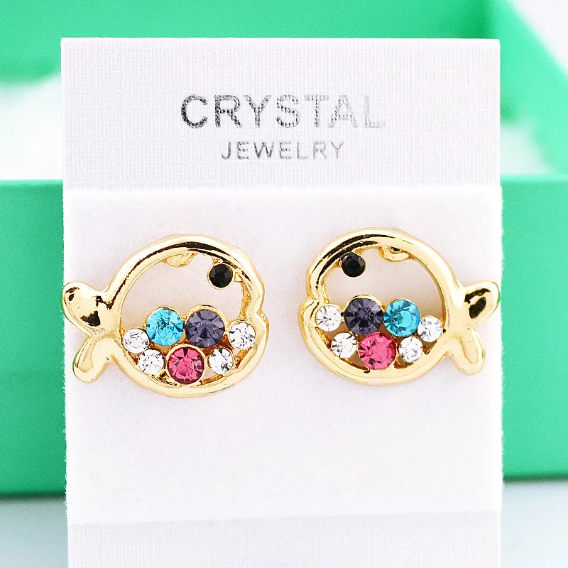 

New 2017 Promotion price! wholesale Korea Austria Crystal Stud Earring small colorful fish earrings for women fashion jewelry