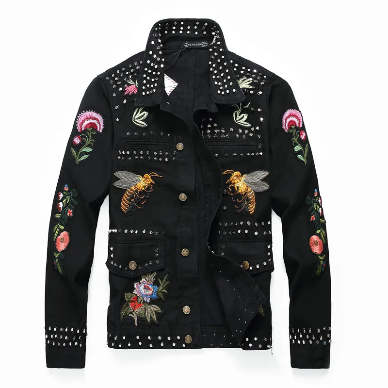 2018 Punk Style New Design Autumn Denim Jacket Bird Bee Floral