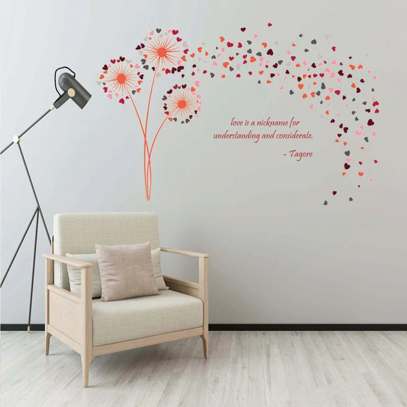 

Multicolor heart shaped dandelion Wall Sticker for Wedding home romantic decoration Mural Art Decals Dandelion stickers
