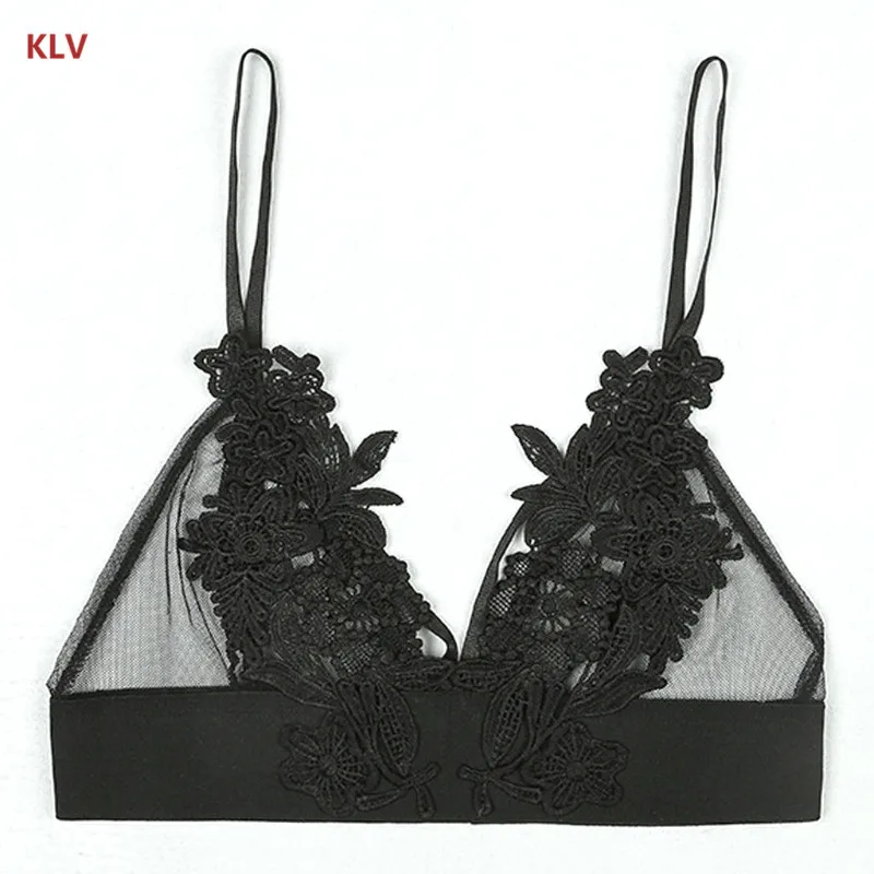 KLV женское нижнее белье, сексуальный цветочный кружевной бюстгальтер, бюстье, укороченный топ, прозрачный треугольный бюстгальтер, новинка - Цвет: Black