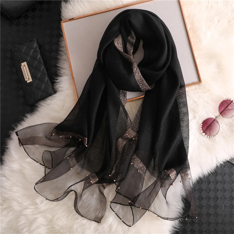 Designer brand women scarf luxury summer silk scarves lady shawl wrap hijab foulard female bandana pashmina Pearl jewel headband