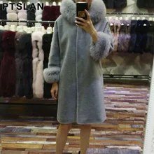 Ptslan 2017 Women Winter Sheep Fur Outwear Coat With Big Fox Fur Collar Sheep Fur Fashion