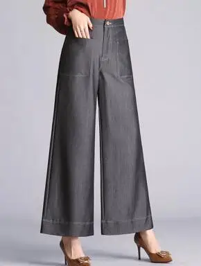 Primavera De Bolsillos Verano Moda Mujeres Negro Pantalones Cintura Otoño Negro Ancha Nueva azul Pierna Yyf0806 Jeans Capris Alta Causales Azul Tencel qdppPT