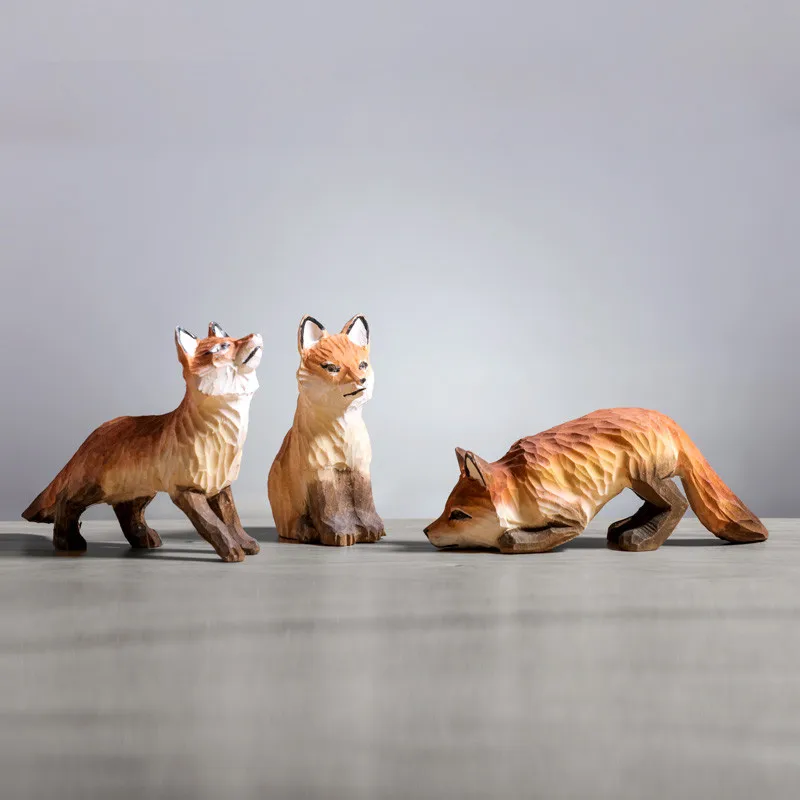 

Pure handmade small wood fox ornaments wooden handicrafts home decoration solid wood carving decorative animal figure