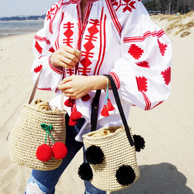 

Cute Bucket Cherry Woven Shoulder Bag Beach Bags Holiday Straw Bag Women Bucket For Outdoor Travel