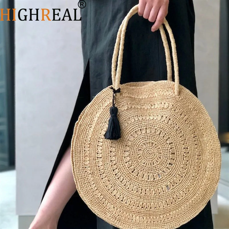 

Newly Rattan Bag Plain Crossbody Beach Bag Knot Garden Style Round Straw Special Promotion Bags Women Big Tote Circle Handbag
