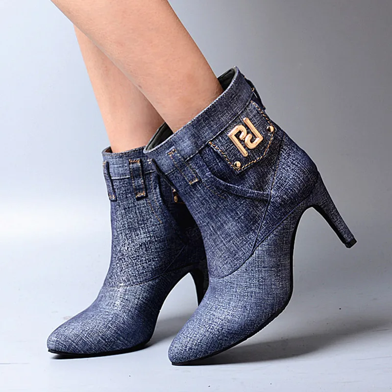 Pointu En Femme Euramerican Bottes Haut Perfetto Mince Style Talon Jeans On Blue Bout Cuir Patchwork Prova Slip Véritable We29IDYEH